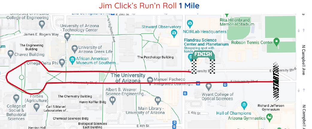 Map and route of the Run n' Roll 1 mile race